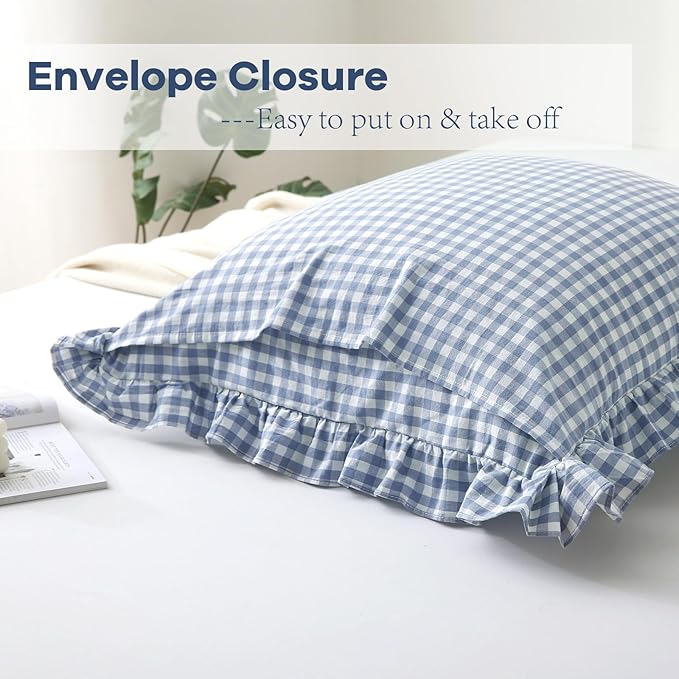 2PACK Dusty Blue White Plaid Gingham Euro Pillow Shams, 100% Washed Cotton - Image 4