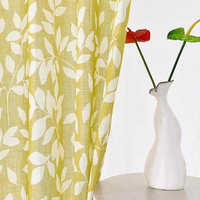 White and Yellow Leaf Curtains for Living Room 72" Length Print Semi-Sheer - Image 4