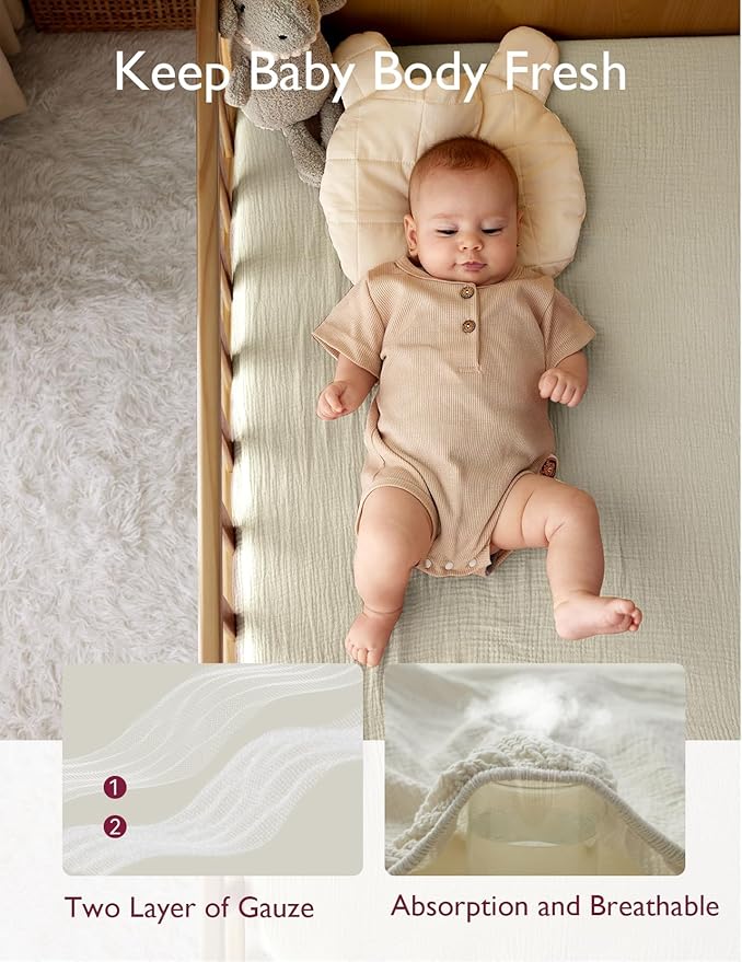 Momcozy Muslin Standard Fitted Crib Sheets, 2 Pack Soft Breathable Natural - Image 5