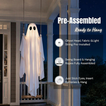 Halloween Decorations Outdoor - 5FT Large Hanging Swing Ghost Halloween Decor with String Lights, Spooky Cute Ghost Decorations for Front Porch Yard Tree