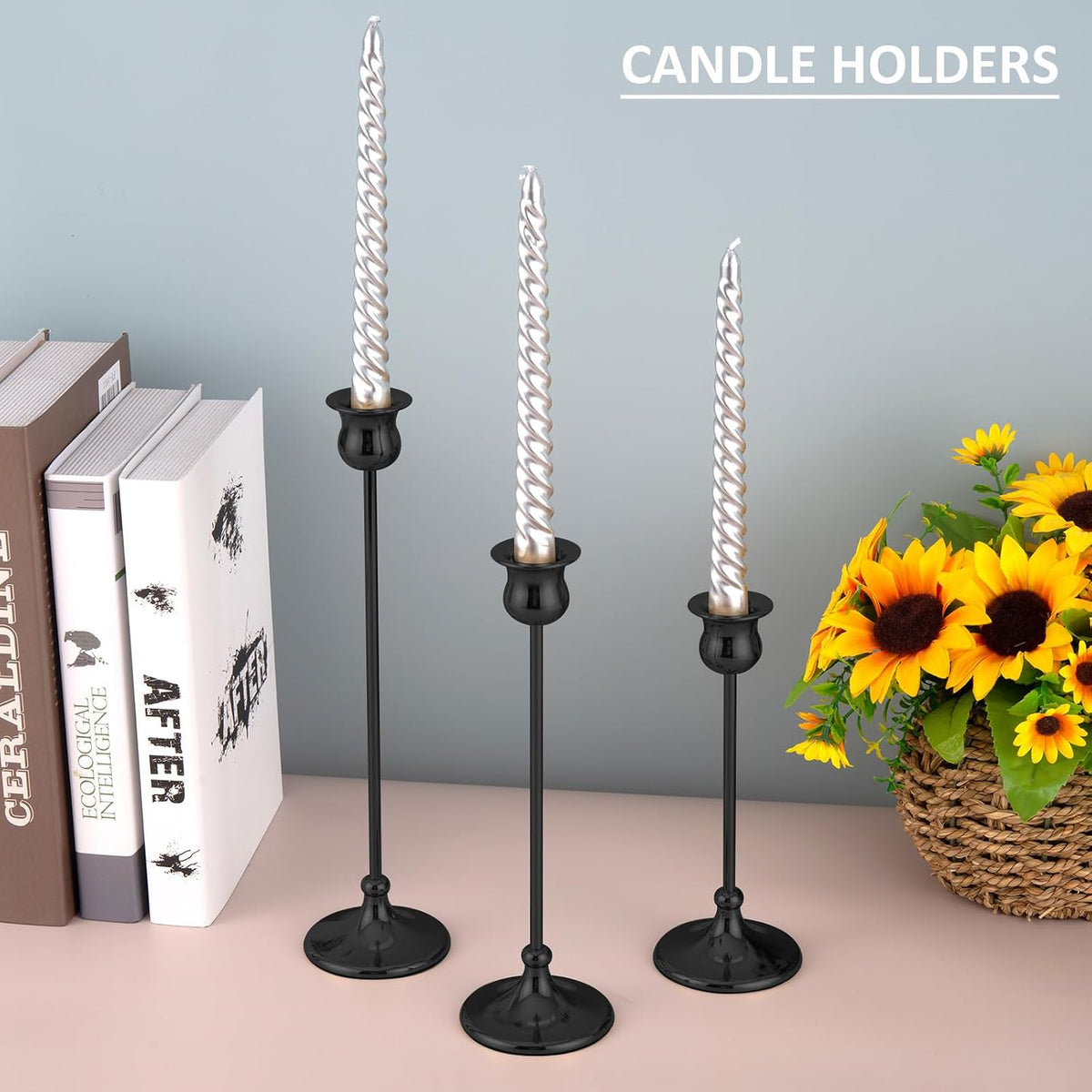Taper Candle Holder Tall Vintage Metal Candlestick Holders Candle Stick Candelabra for Halloween Thanksgiving Christmas Holiday Wedding (Matt Black, 2 Sets (6 pcs))