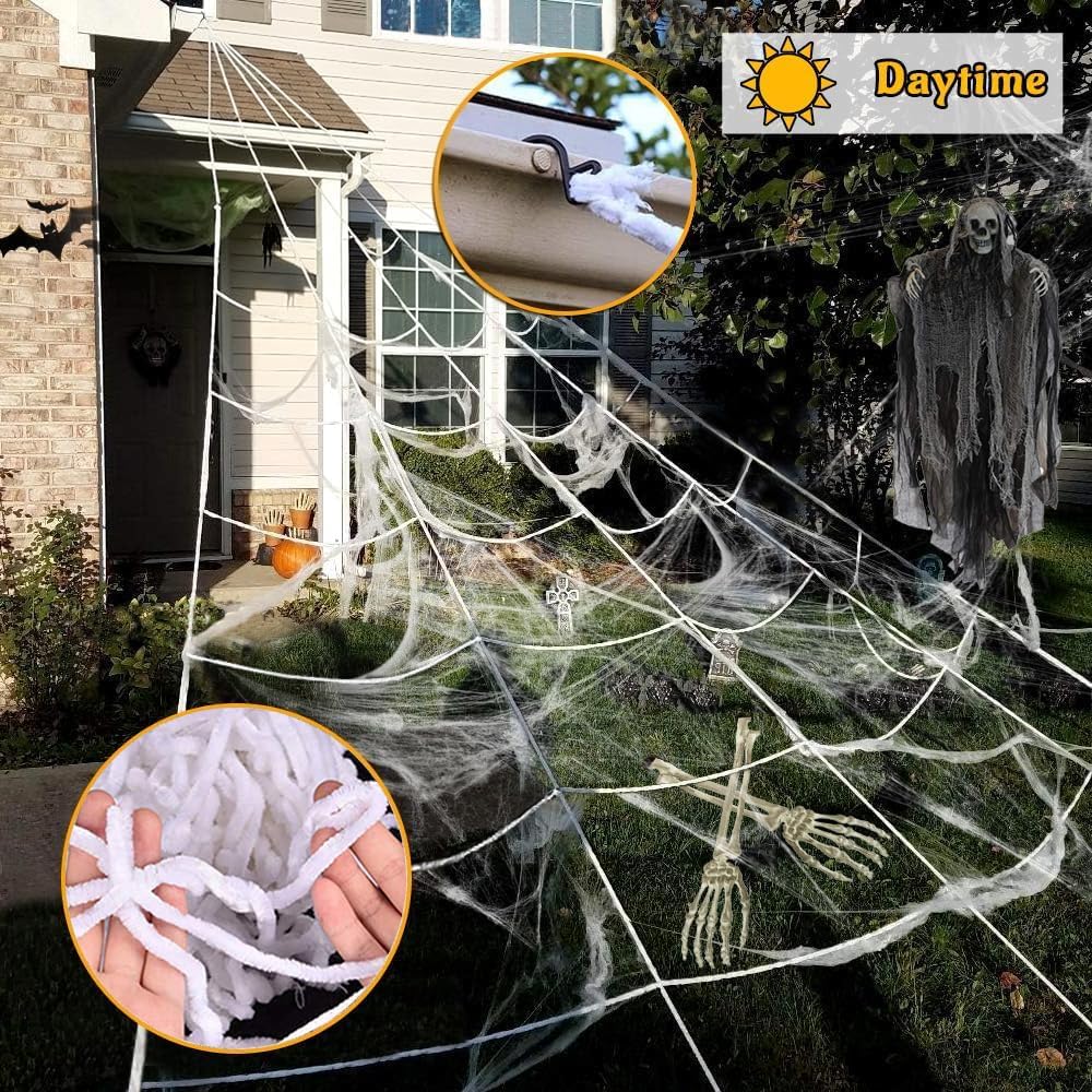 Halloween Decorations Outdoor, 250 LED Halloween Giant Spider Web Lights, 200" Lighted Spiderweb Light up with 8 Modes for Yard Haunted House Decor, Remote Control Lighted Spider Dark Purple Orange