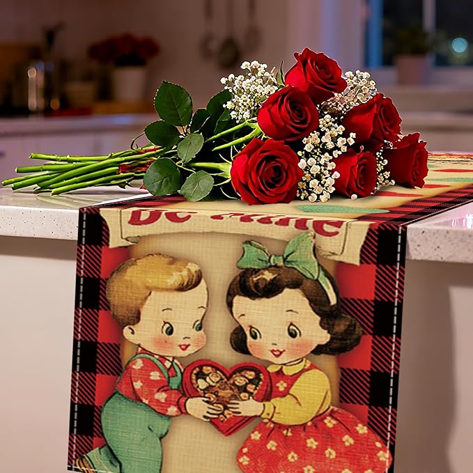 Vintage Valentines Day Kids Dining Table Runner, Retro Boy Girl Red Blue Love - Image 6