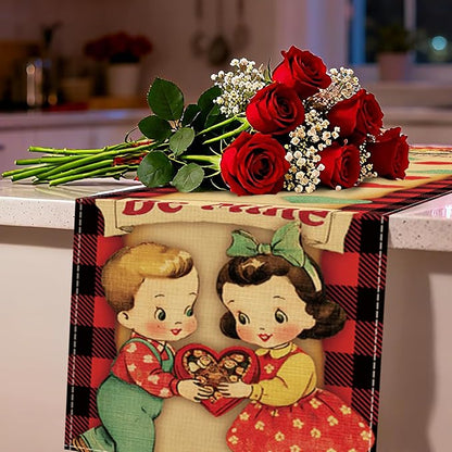 Vintage Valentines Day Kids Dining Table Runner, Retro Boy Girl Red Blue Love - Image 6