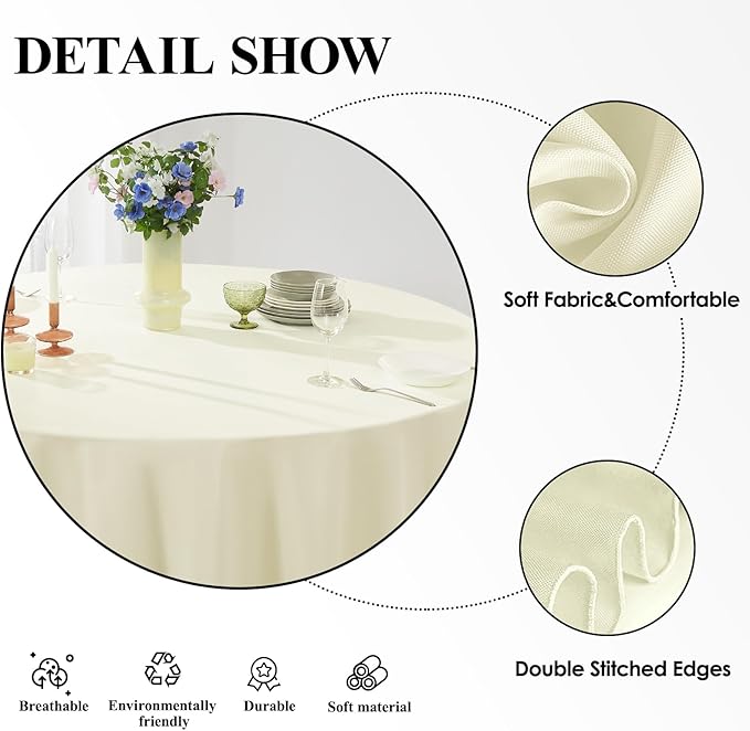 Round Tablecloth 132 Inch 2 Pack Ivory Tablecloths Washable Decorative Linen - Image 5