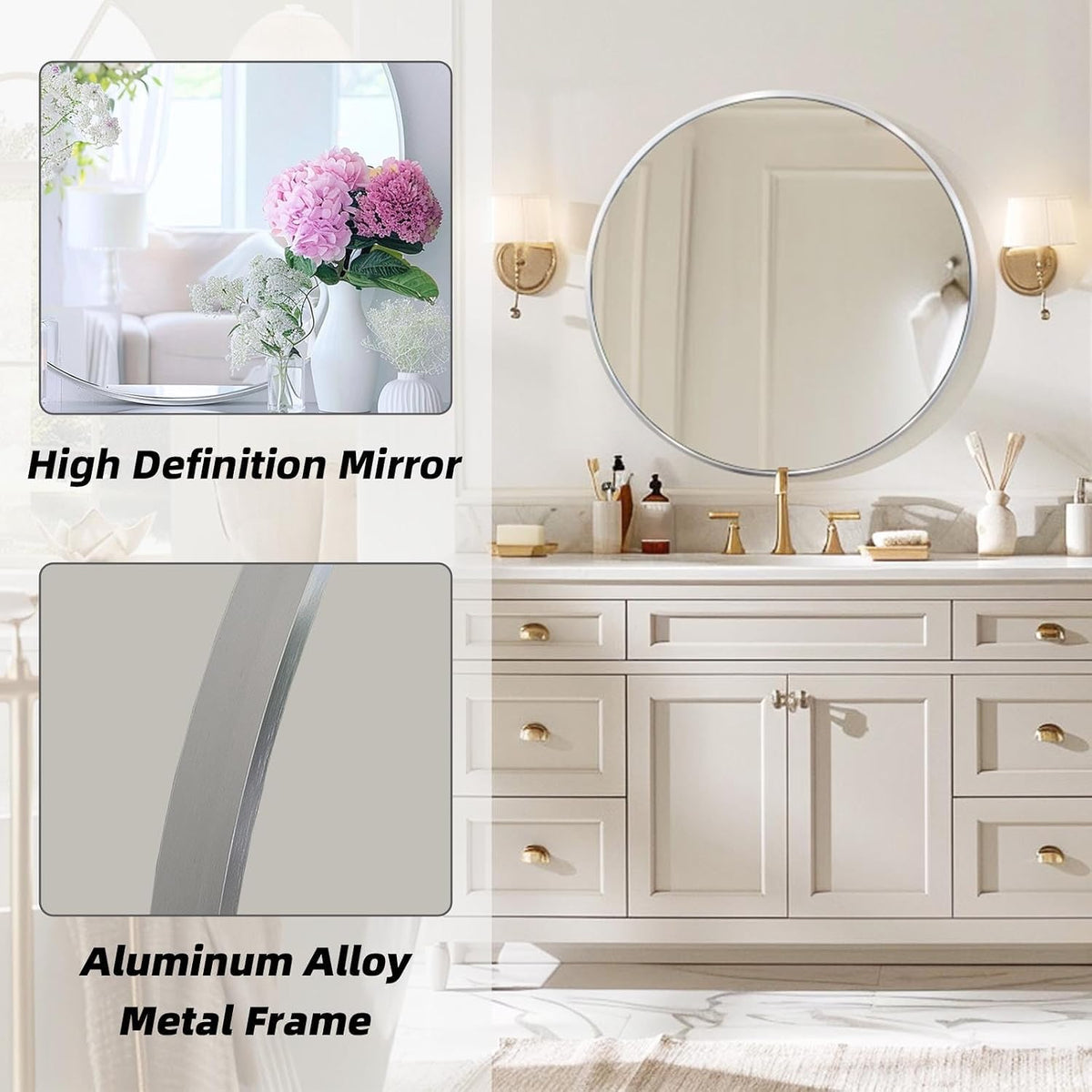 round bathroom mirror, circle mirror, silver, 30" l shown in use