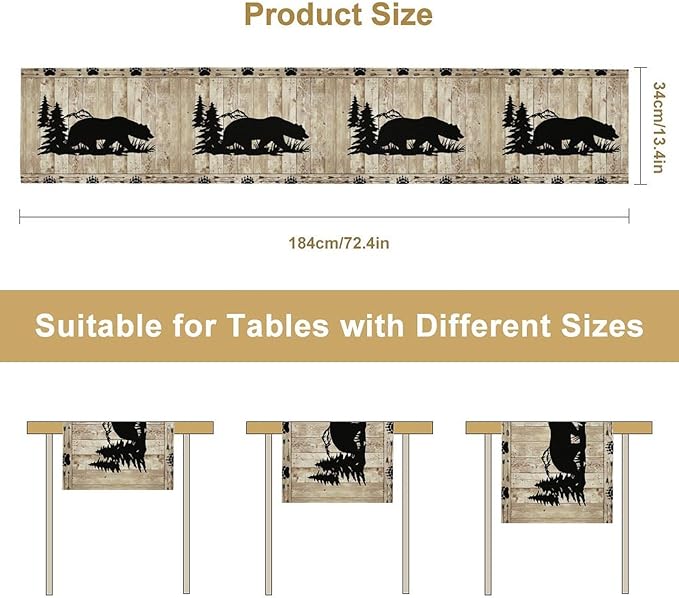 Bear Table Runner, Wild Animals Rustic Cabin Forest Bear Print Wooden Board - Image 7
