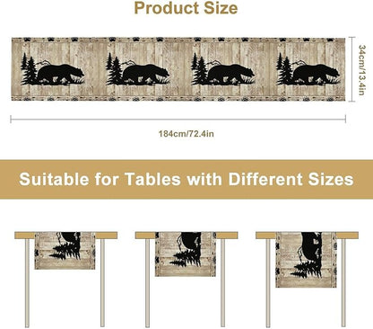 Bear Table Runner, Wild Animals Rustic Cabin Forest Bear Print Wooden Board - Image 7