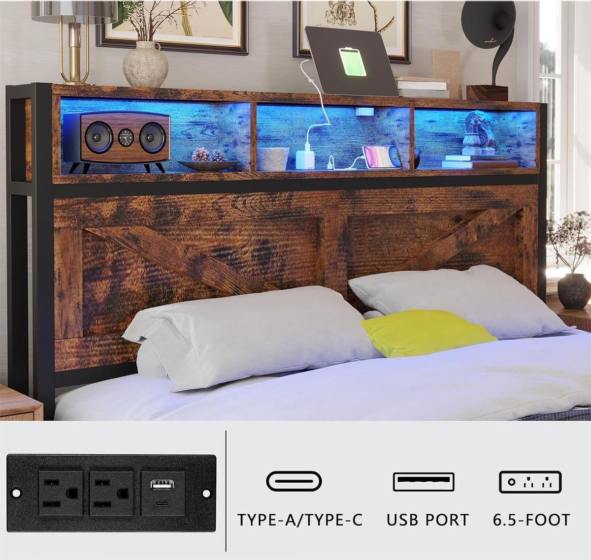 farmhouse full bed frame with storage bookcase headboard, package contents