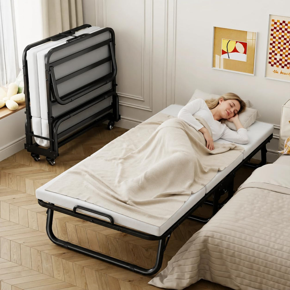 Folding Bed, 75 x 38 Portable Rollaway Guest Beds on Wheels, Foldable Bed