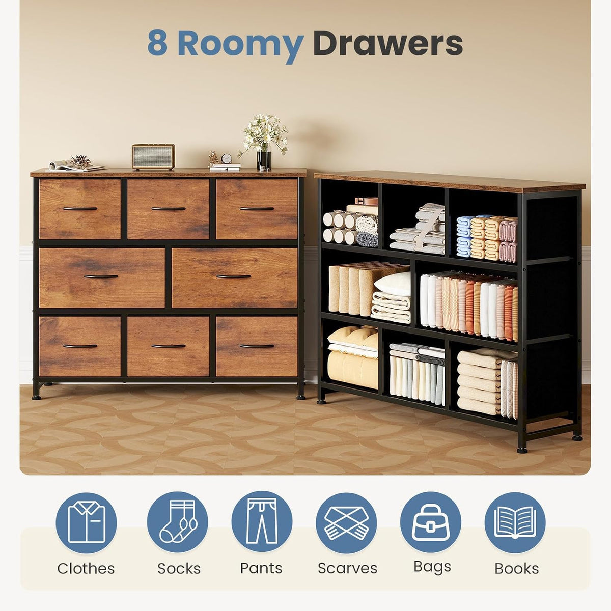 dumos wide dresser with 8 fabric drawers and, package contents