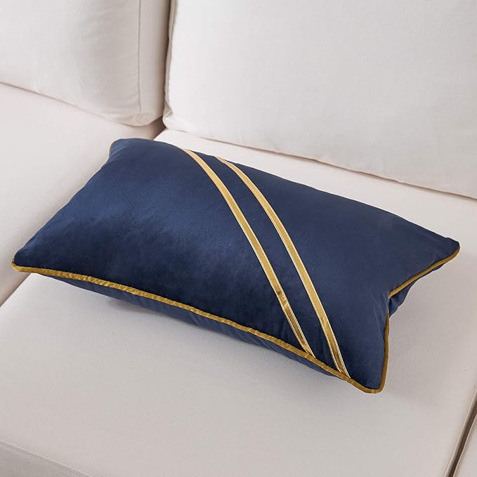 Avigers 12 x 20 Inch Navy Blue Gold Leather Striped Lines Velvet Cushion Case - Image 3
