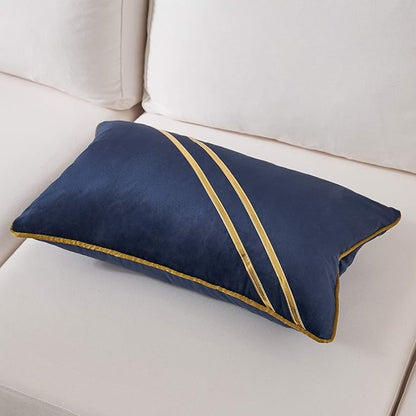 Avigers 12 x 20 Inch Navy Blue Gold Leather Striped Lines Velvet Cushion Case - Image 3