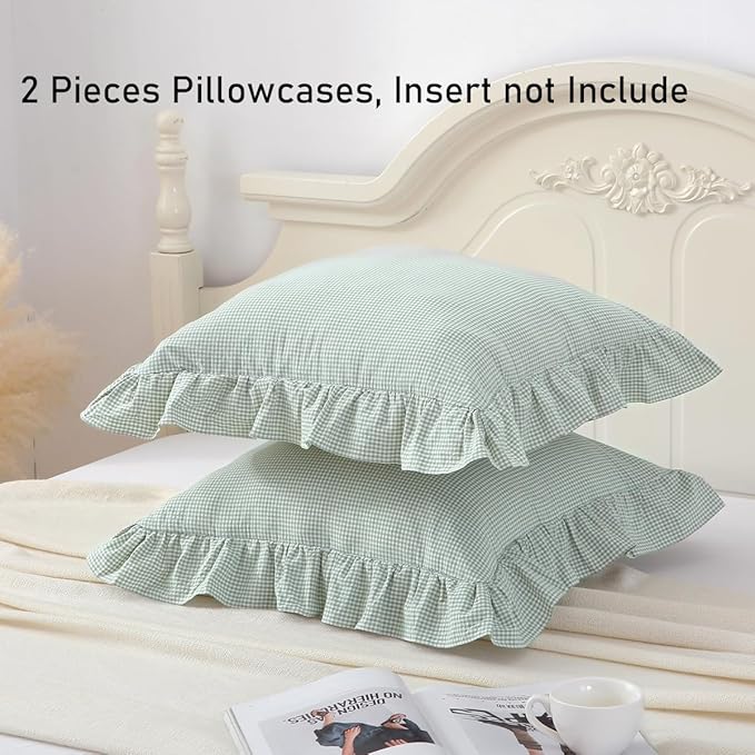 2 Pack Light Green/White Ruffle Plaid Throw Pillow Covers Farmhouse Gingham - Image 6