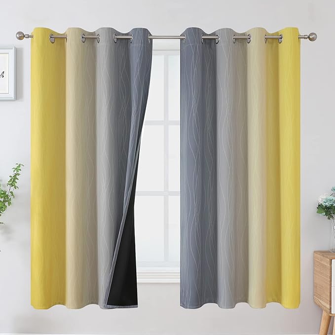 Ombre Gray and Yellow Blackout Curtains 63 Inch Length 2 panels, Full Room by ESTELARTEXTILER