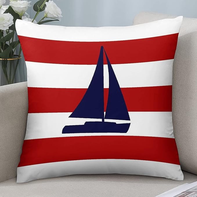 Myshe Square Nautical Navy Blue Sailboat On Red Stripes Throw Pillow Cover - Image 7