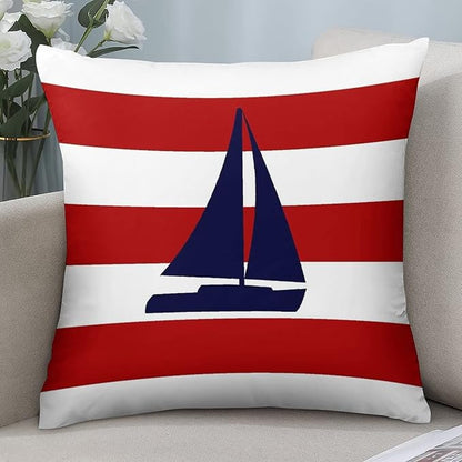 Myshe Square Nautical Navy Blue Sailboat On Red Stripes Throw Pillow Cover - Image 7