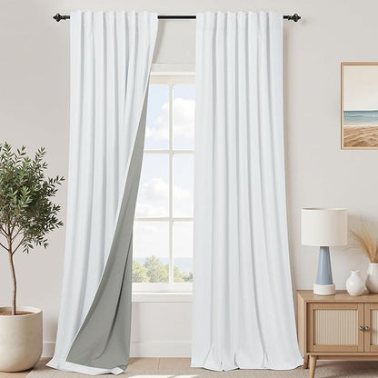 KOUFALL 104 Inch Long Curtains, Scandinavian White Linen Blackout Curtains by KOUFALL