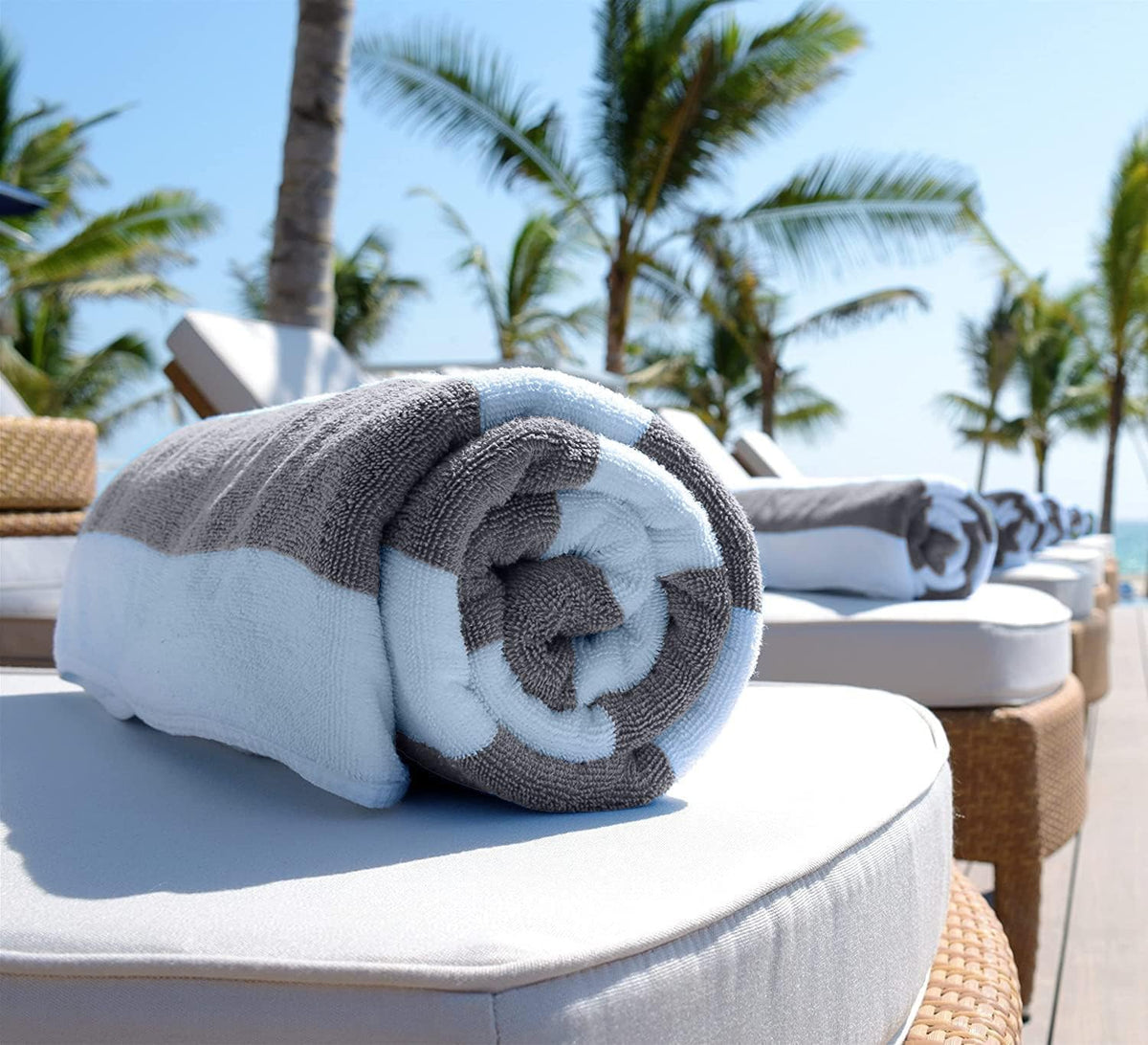 white classic stripe cabana beach towels oversized 2 showing dimensions