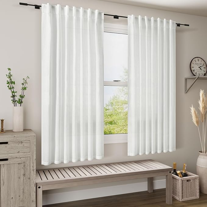 Nanspring Linen White Curtains 45 Inch Length 2 Panels - Image 6