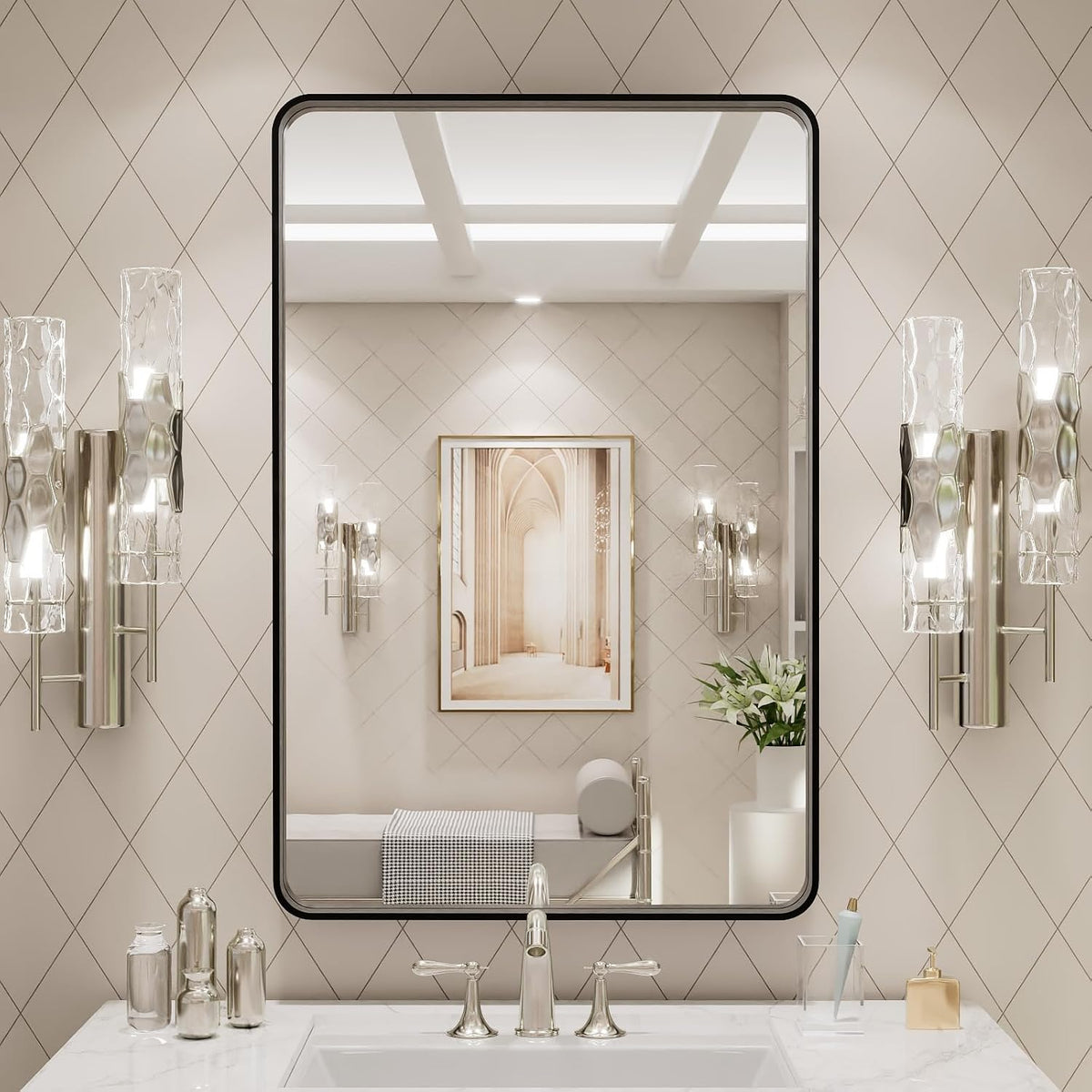 loaao 24x30 inch black metal framed bathroom mirror on a desk or shelf