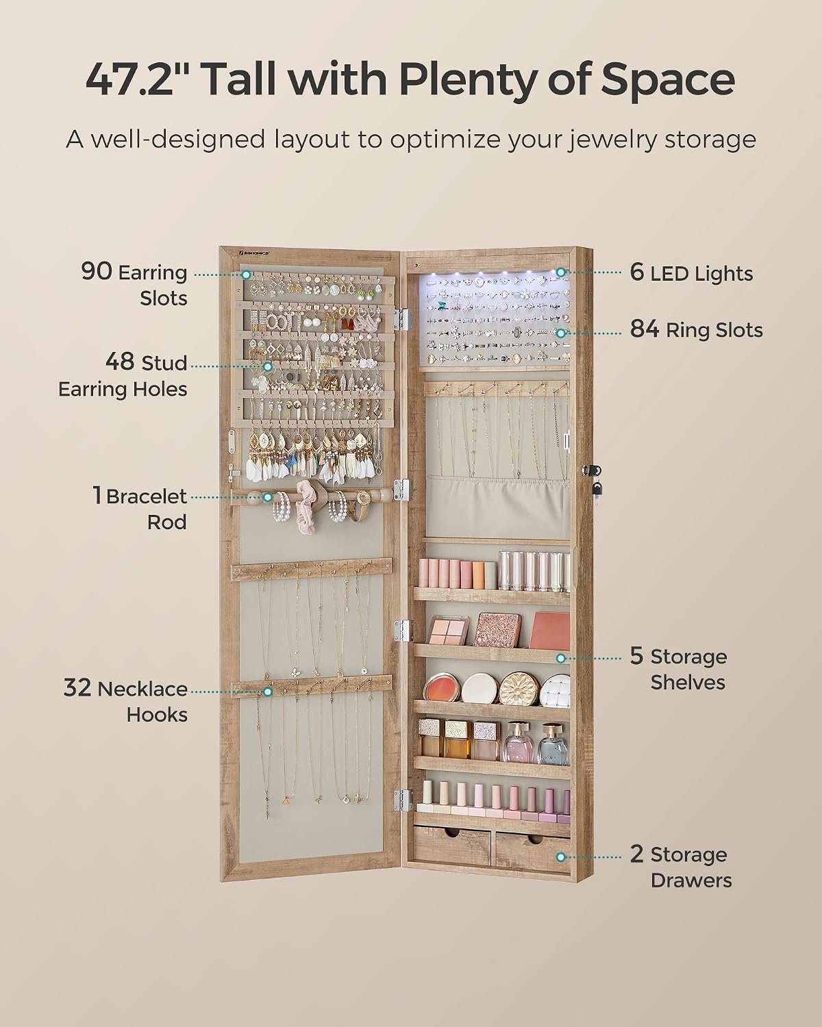 songmics 6 leds mirror jewelry cabinet, 47.2-inch tall showing dimensions