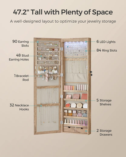 songmics 6 leds mirror jewelry cabinet, 47.2-inch tall showing dimensions