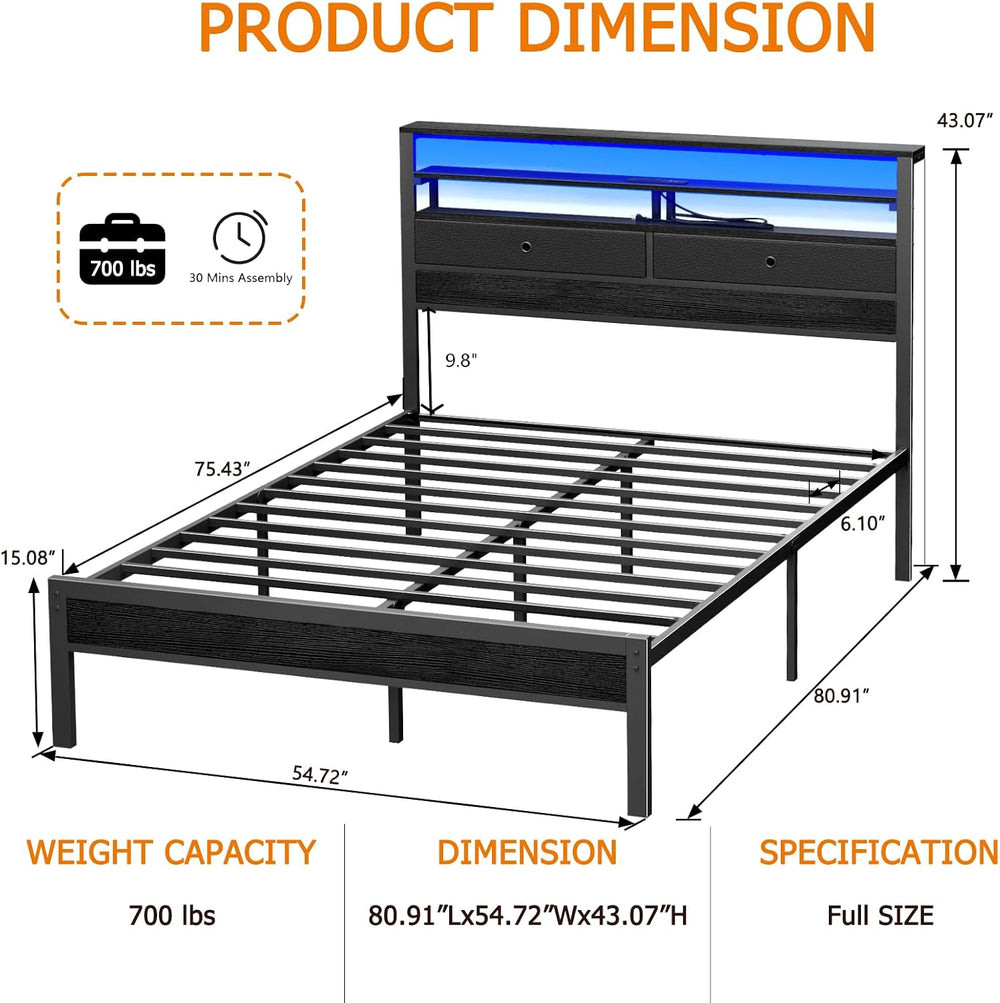 Furnulem Full Size Bed Frame with Headboard & 2 Fabric Drawers, Black Oak
