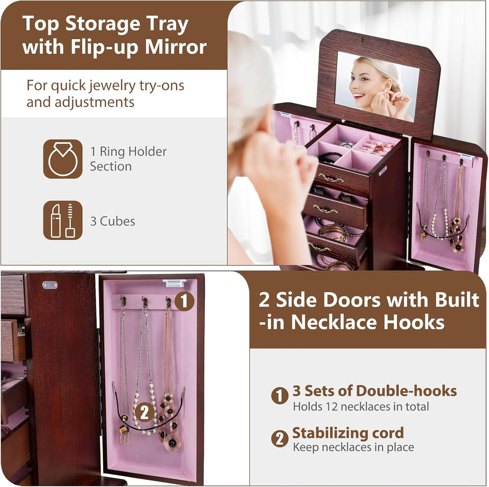 CHARMAID Standing Jewelry Cabinet with 4 Drawers, Flip Top Mirror, Walnut
