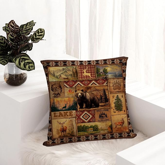Vintage Rustic Lodge Bear Pillow Covers 18x18 Inch Set of 4, Farmhouse Cabin - Image 4