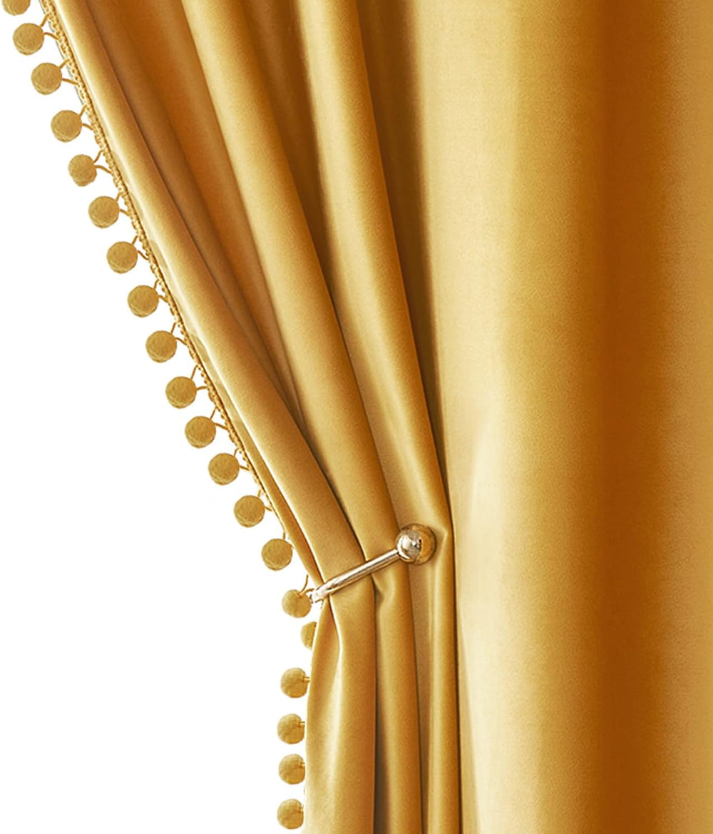 MIULEE Mustard Yellow Pom Pom Velvet Blackout Fall Curtains 2 Panel 52"x...