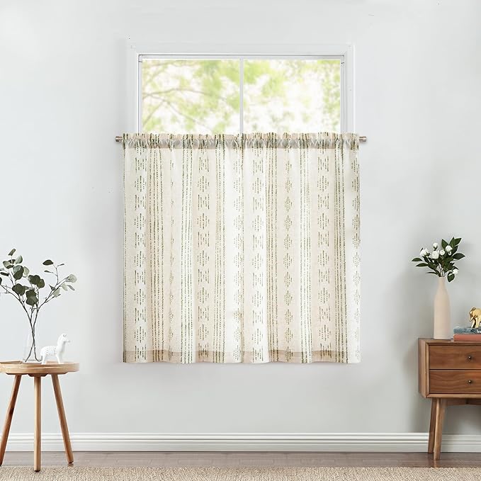 jinchan Boho Kitchen Curtains Linen Tier Curtains 45 Inches Bohemian Cafe Small - Image 3