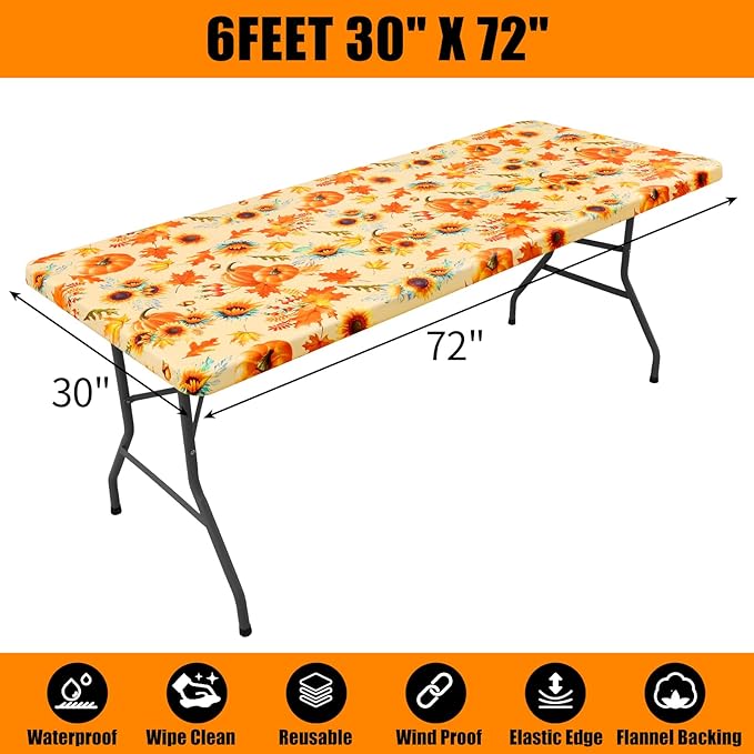Smiry Plastic Thanksgiving Tablecloth, Sunflower & Pumpkin Wipeable Flannel - Image 7
