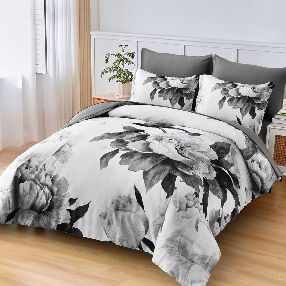 Dobuyly Grey Twin Comforter Set 5 Piece Bed in a Bag, Gray and White Floral C...