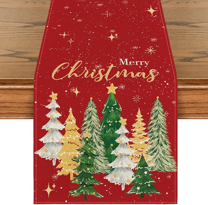 Artoid Mode Xmas Trees Merry Christmas Table Runner, Seasonal Winter Red by ArtoidMode