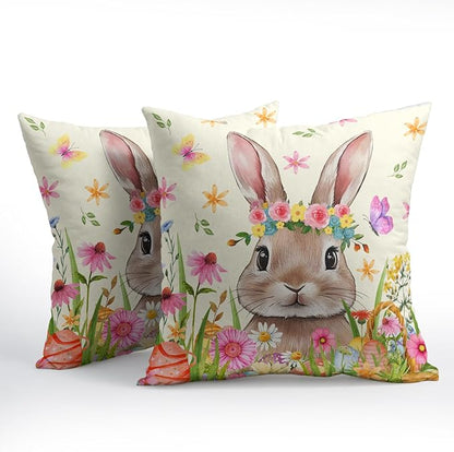 Easter Rabbit Throw Pillow Covers 18x18 Inch Set of 2 Cute Bunny Cotton Linen - Image 2