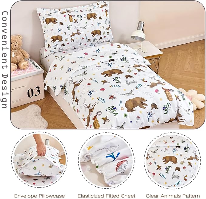 PERFEMET Kids Comforter Sets Twin 4 Pieces Cartoon Woodland Animal Print Bedding - Image 5