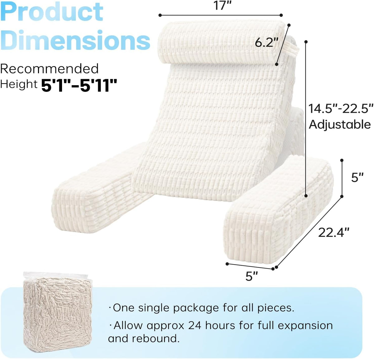 enitya reading pillow with height-adjustable backrest for custom showing dimensions