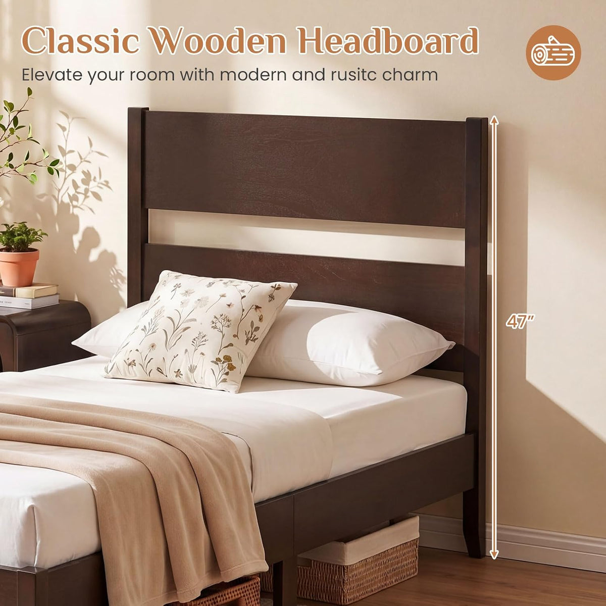 giantex twin size wooden bed frame with slatted, side view