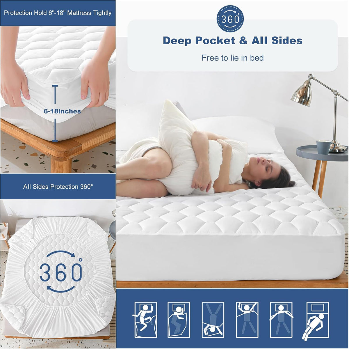 grt full mattress protector waterproof, hollow cotton mattress showing dimensions