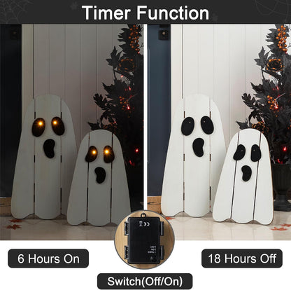 Glitzhome Set of 2 Halloween Lighted Wood Ghost Porch Decor - 24" H & 18" H Handcrafted Solid Wood Ghost Signs with Metal Display Stand for Farmhouse, Front Door Outdoor Yard Halloween Decorations