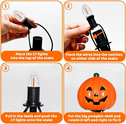 2 Sets 7Ft Halloween Pathway Lights Outdoor Pumpkin Stake Light with 4 Jack-O Lantern Pumpkin Lights and 4 Stakes for Halloween Decorations Outdoor Walkway Pathway Driveway Garden Yard Lawn Light