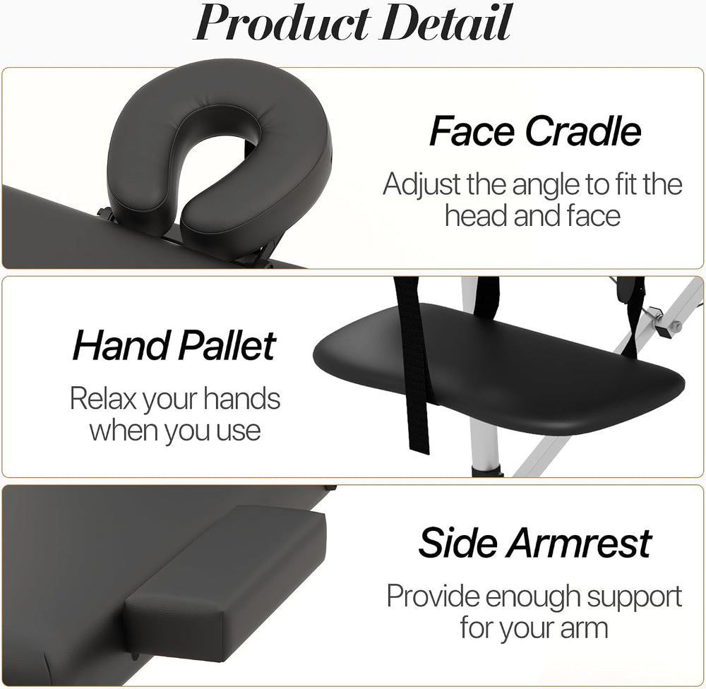 HENGJIANYI Massage Table,Portable 3Section Foldable Aluminum Lash Bed,Black