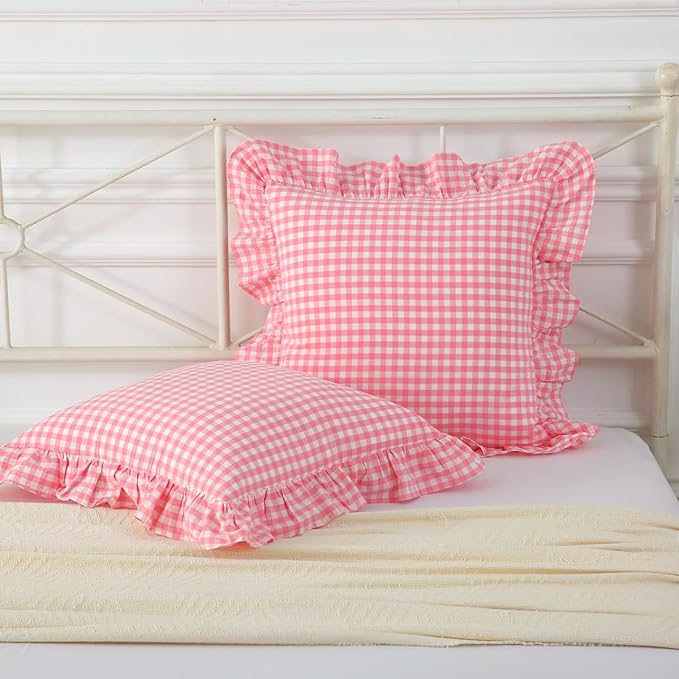2 Pack Vintage Light Pink Plaid Ruffle Throw Pillow Covers, Washed Cotton by Mywinlle