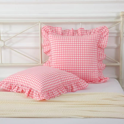 2 Pack Vintage Light Pink Plaid Ruffle Throw Pillow Covers, Washed Cotton by Mywinlle