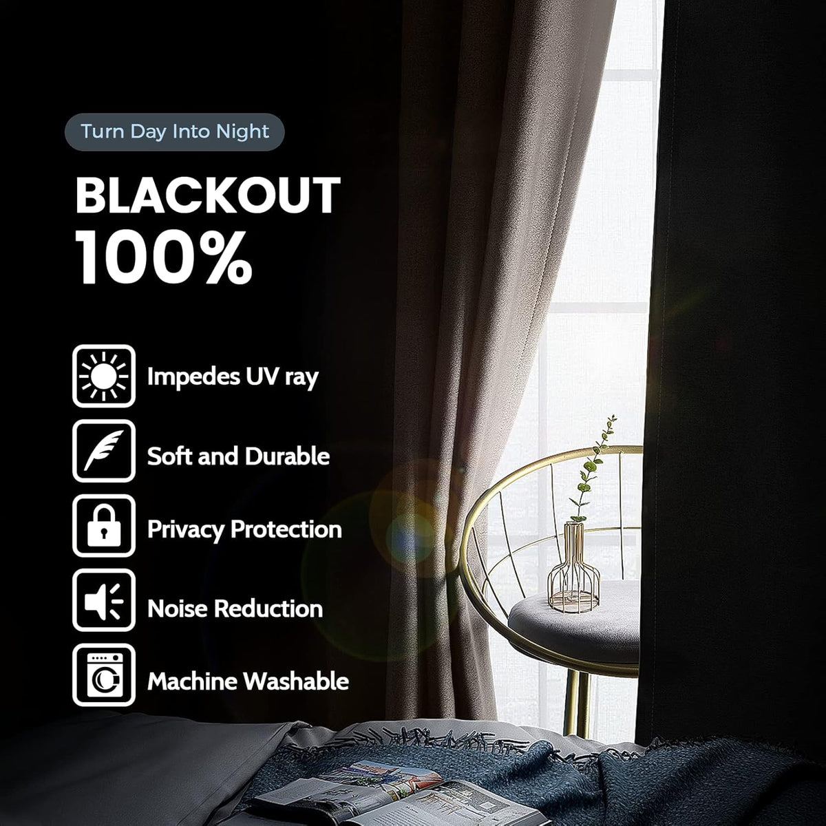 simplehome cream 100% blackout curtains room darkening living, close-up detail