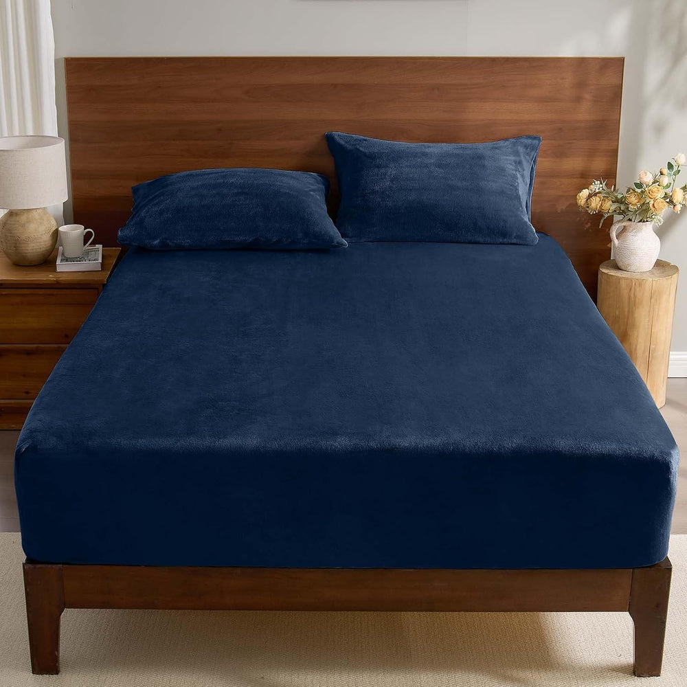 BEDELITE Fleece Queen Fitted Sheet & Pillowcases Set, Navy, 3 Pieces