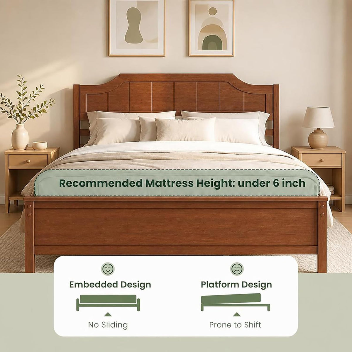 giantex wood queen size bed frame with curved on a desk or shelf