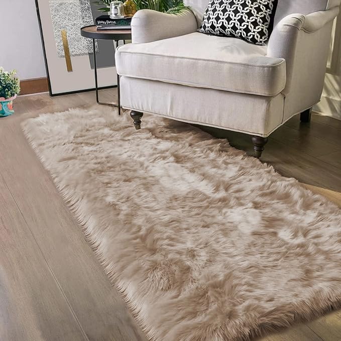 Latepis Light Brown Beige Faux Sheepskin Fur 2x10 Runner Rug by Latepis