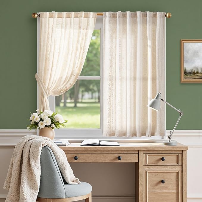 jinchan Winslow Linen Curtains 45 Inch Length Small Window Curtains Embroidered - Image 5